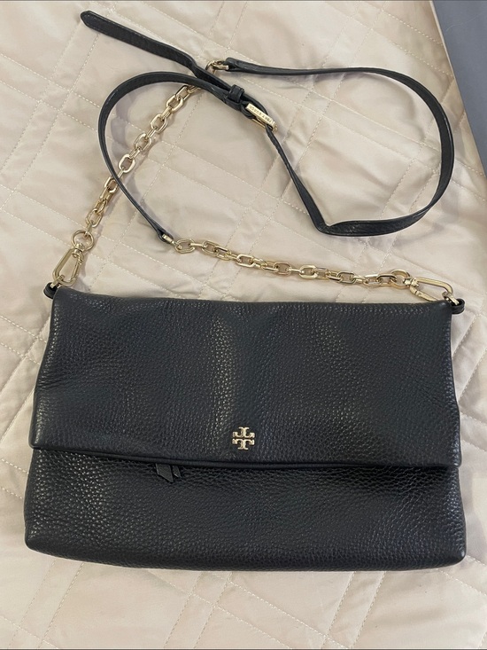 Tory Burch Handbags - Tory Burch Black Pebbled Leather Fold-Over Crossbody with Gold Chain
